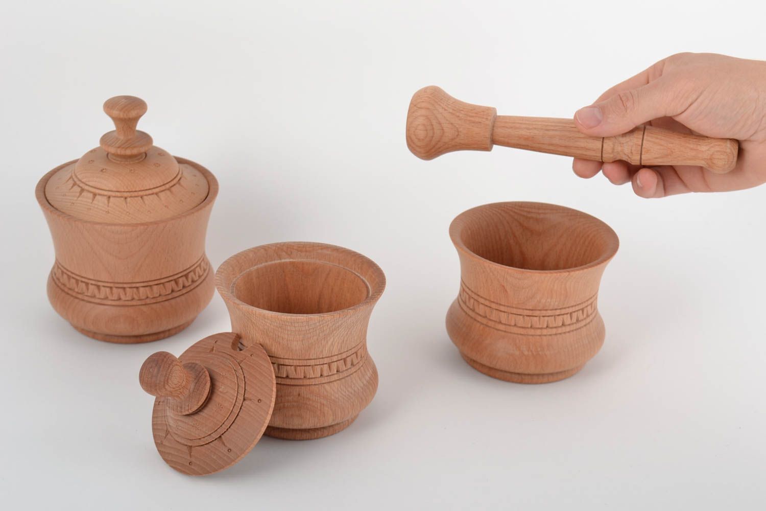 Set of 2 handmade natural wooden pots with lids and mortar with pestle for spice photo 2