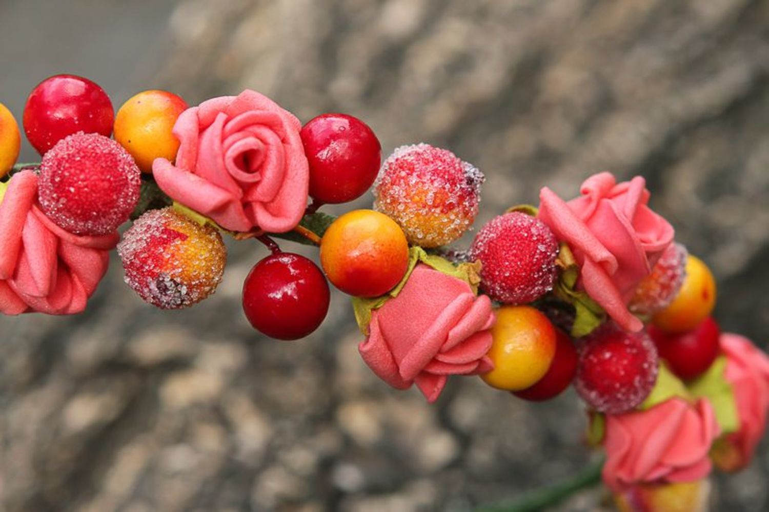 Headband, wreath with artificial flowers and berries photo 1