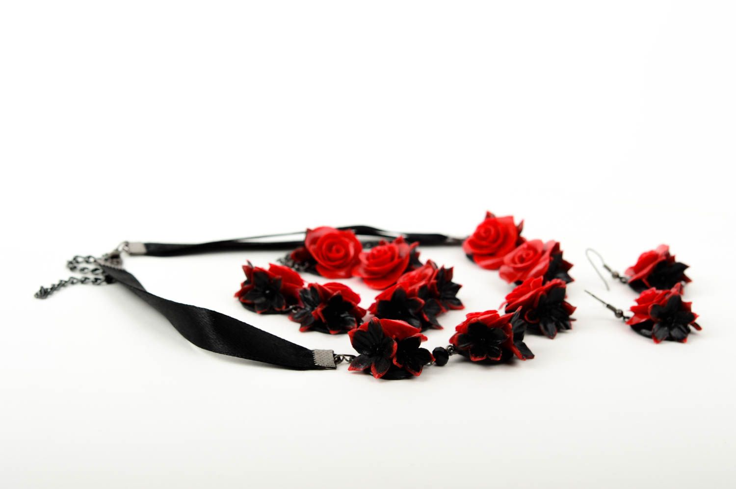 Parure bijoux Bracelet fait main Boucles pendantes Collier fleurs pâte polymère photo 3