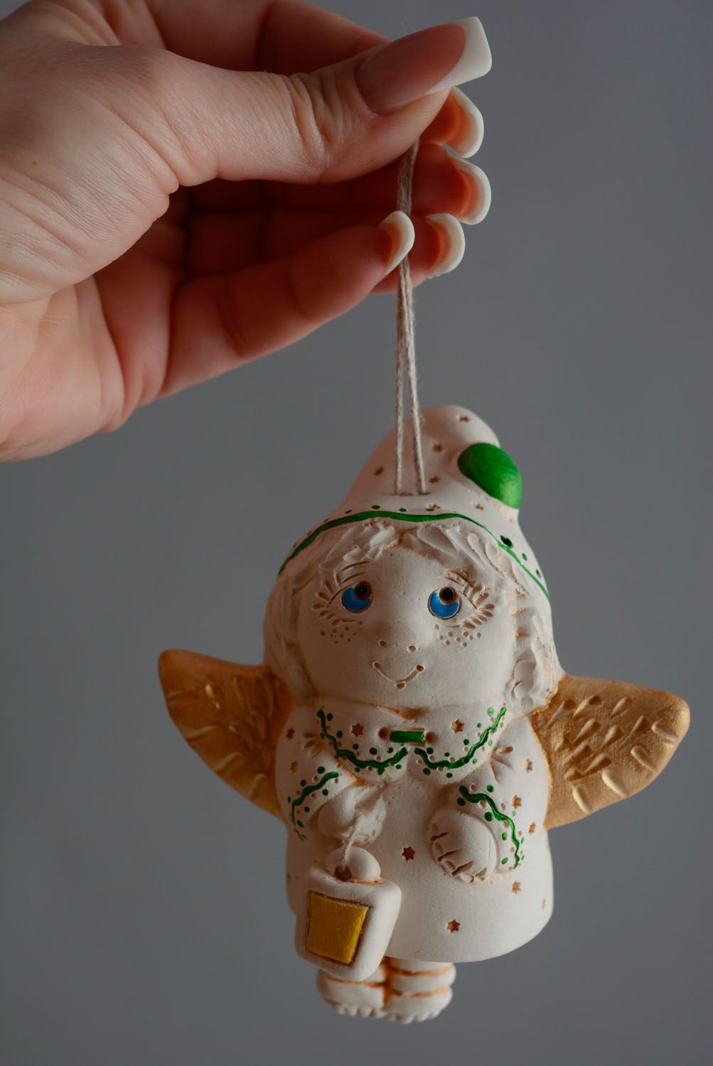 Handmade clay bell Angel with Lamp photo 4