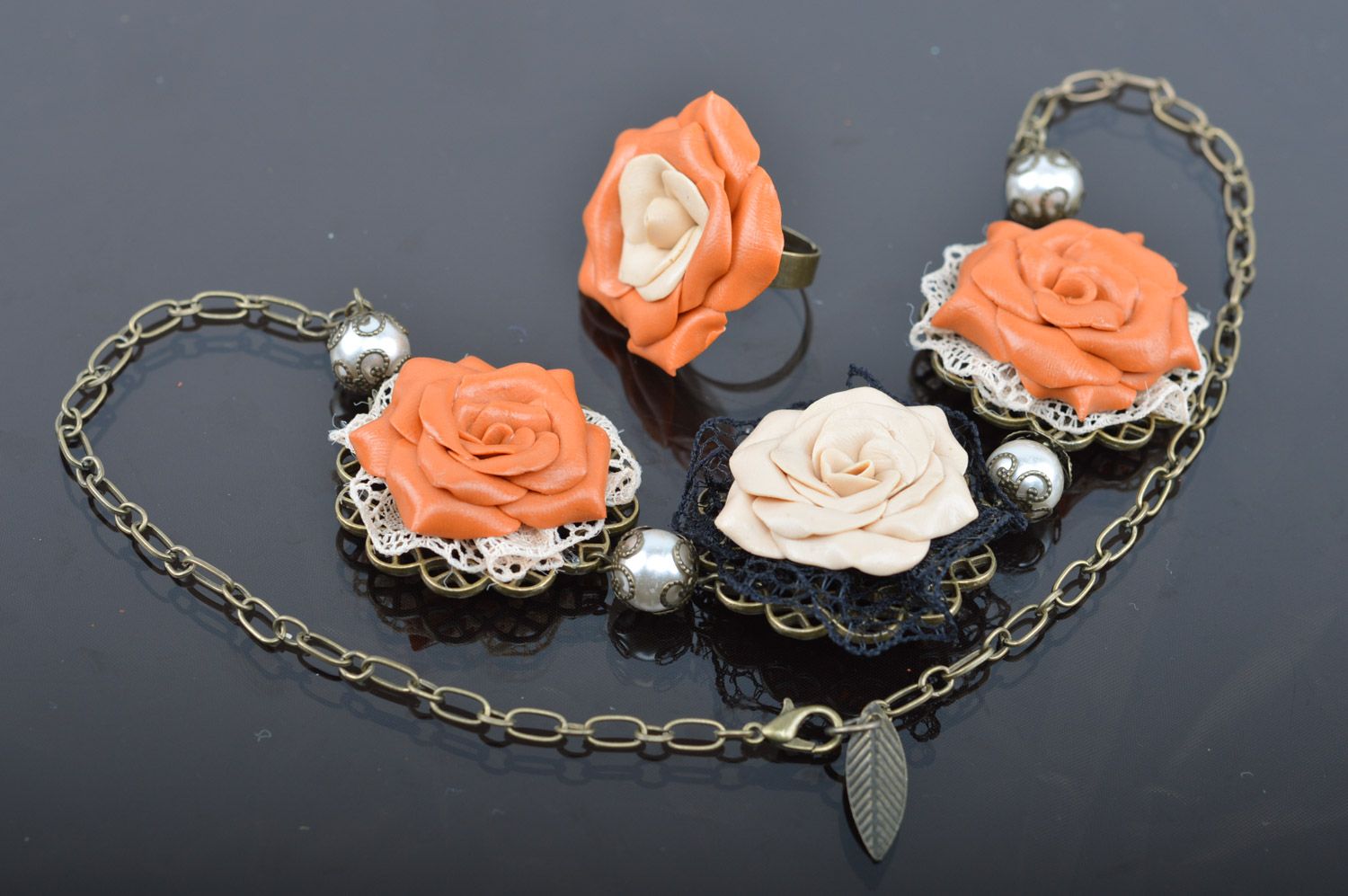 Unusual handmade polymer clay flower jewelry set 2 items necklace and ring photo 4