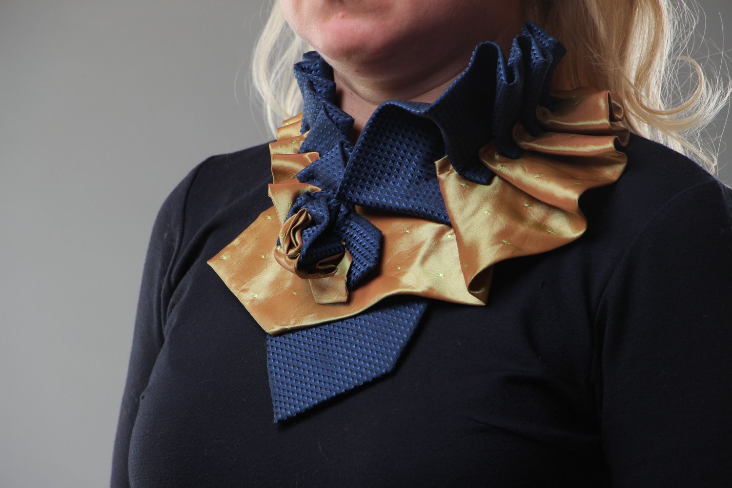 Handmade women's decorative fabric collar necklace sewn of men's ties photo 5