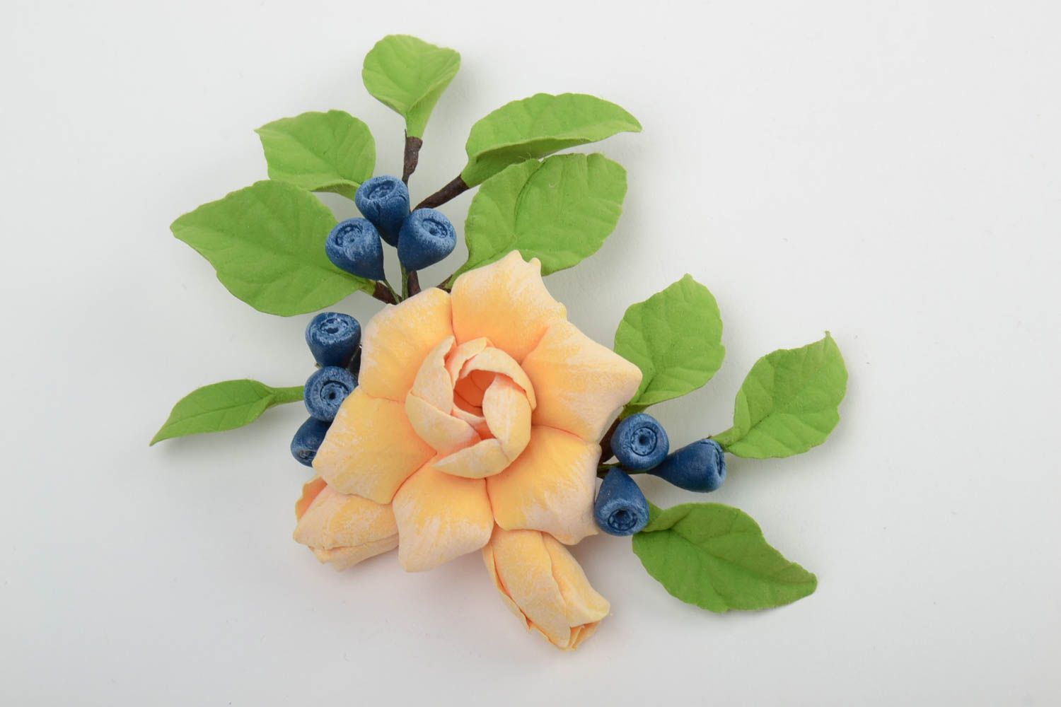 Handmade polymer clay brooch with volume flowers and berries of tender colors  photo 3
