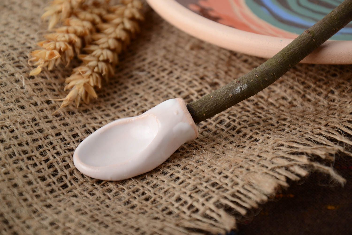 Pink handmade designer glazed spoon for spices created of clay and apricot tree branch photo 1