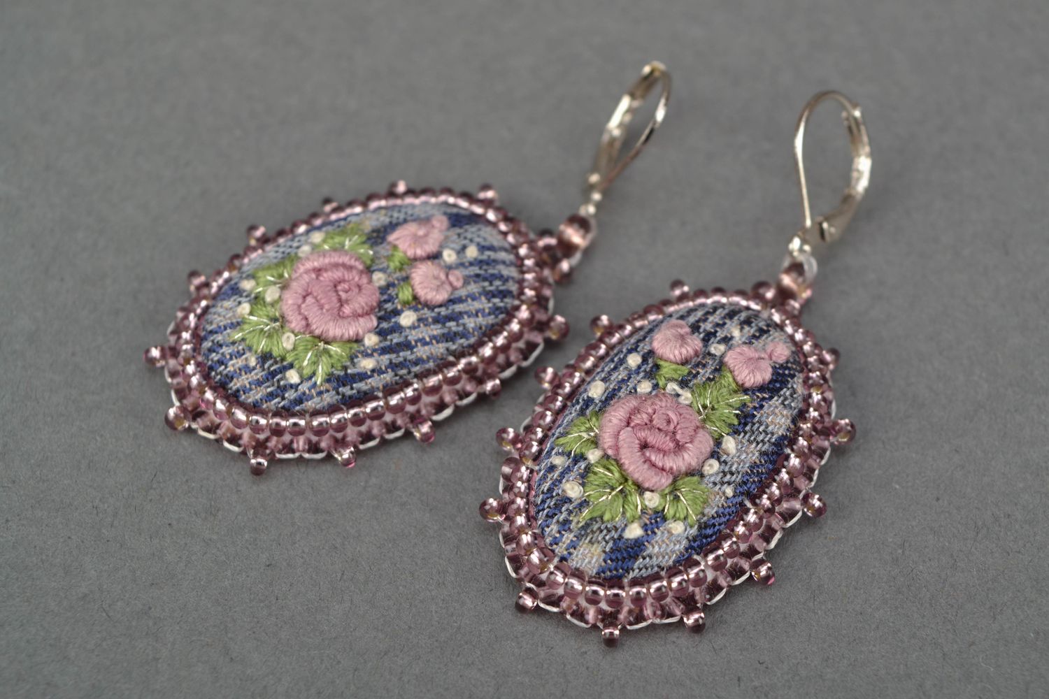 Handmade dangle earrings with embroidery photo 4