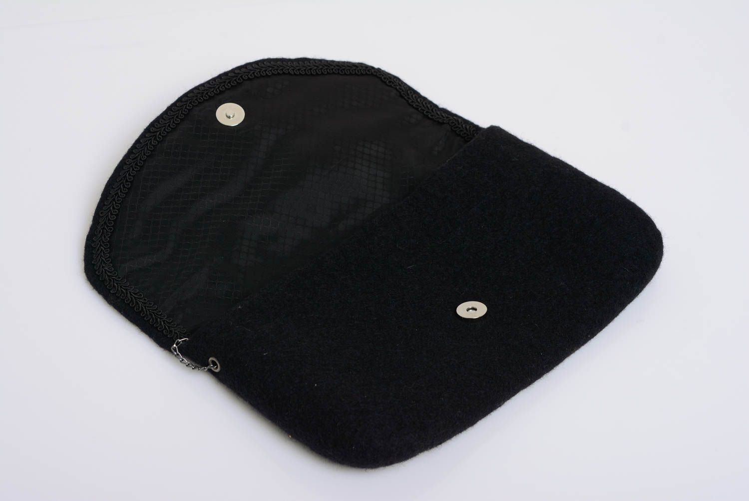 Black handbag wool felting technique on metal chain handmade designer purse photo 4