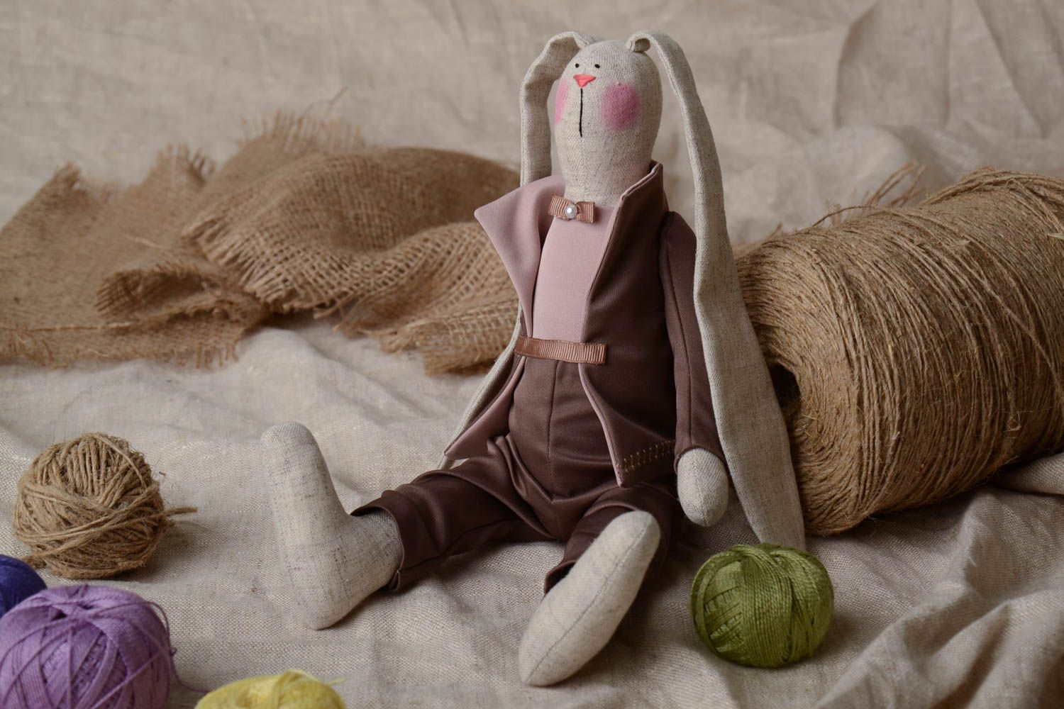 Handmade decorative fabric toy cute bunny in suit made of cotton interior decor photo 1
