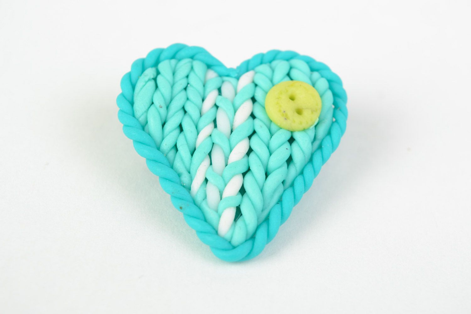 White and yellow handmade polymer clay brooch in the shape of heart photo 1