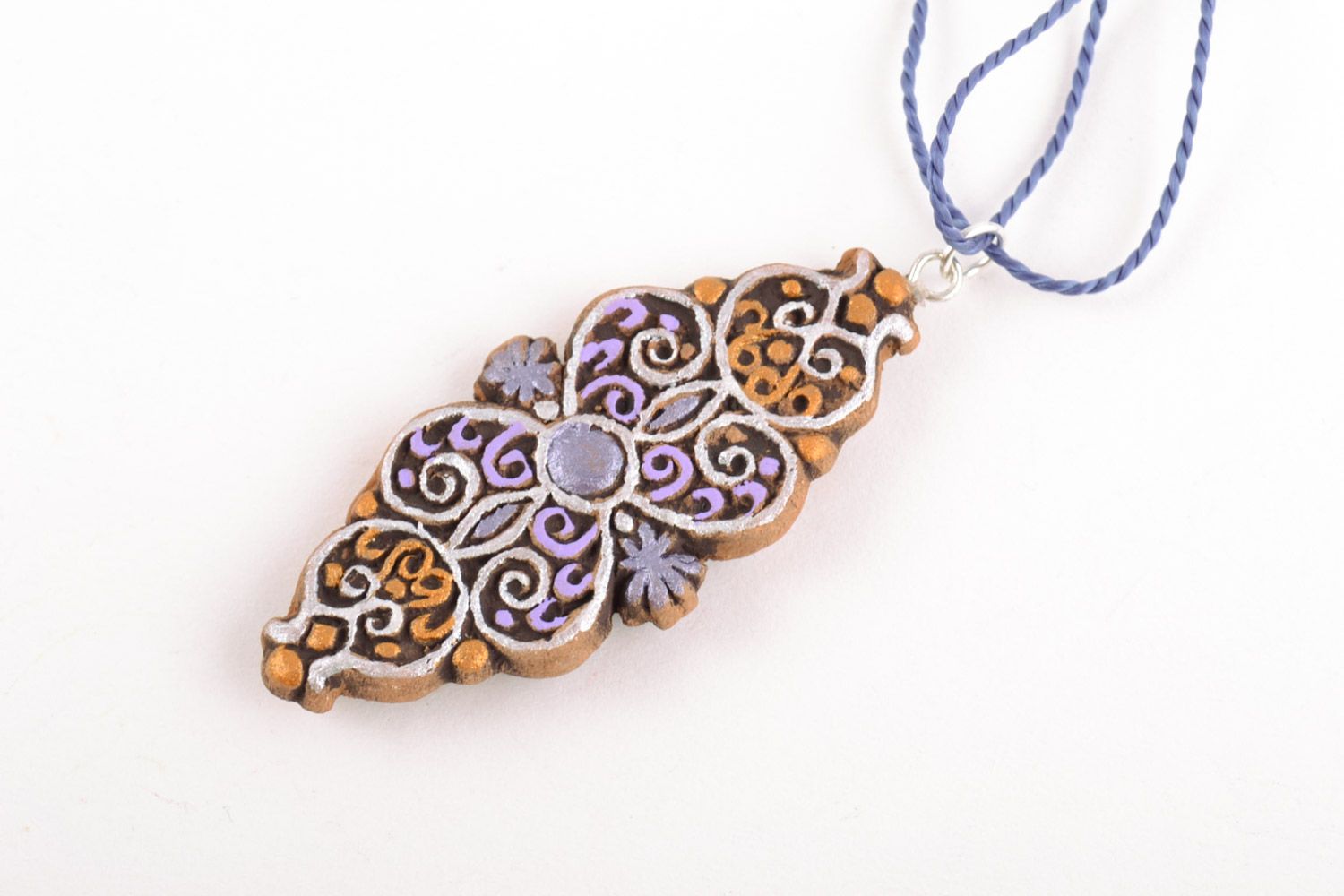 Beautiful colorful unusual perforated handmade clay neck pendant with cord photo 5