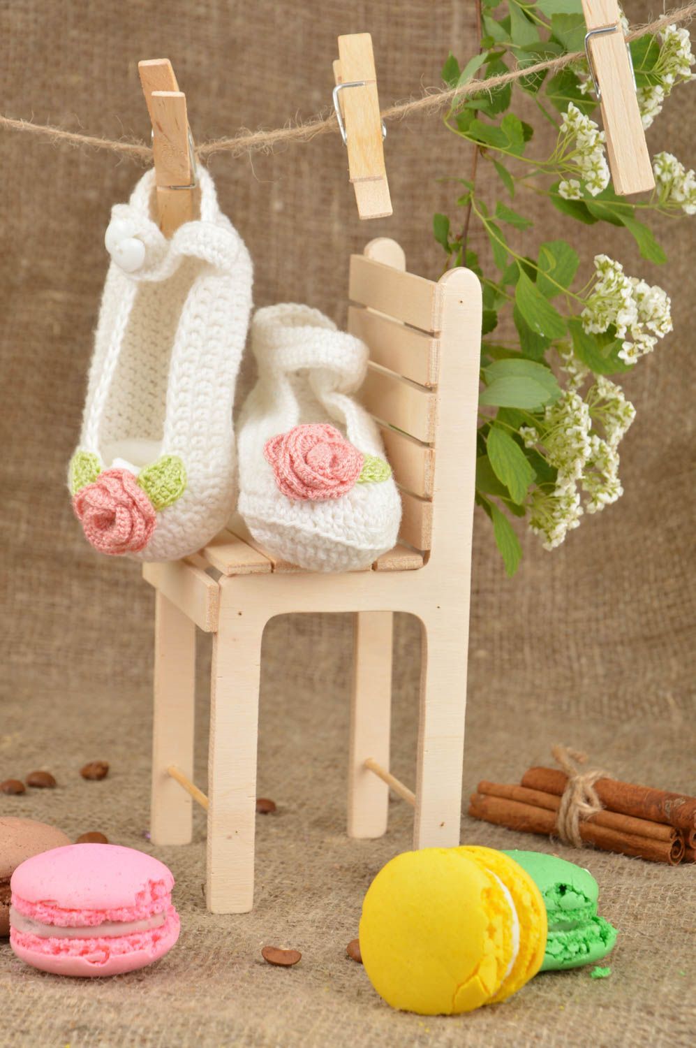 Handmade unusual cute beautiful white and pink summer baby bootees for girls photo 1