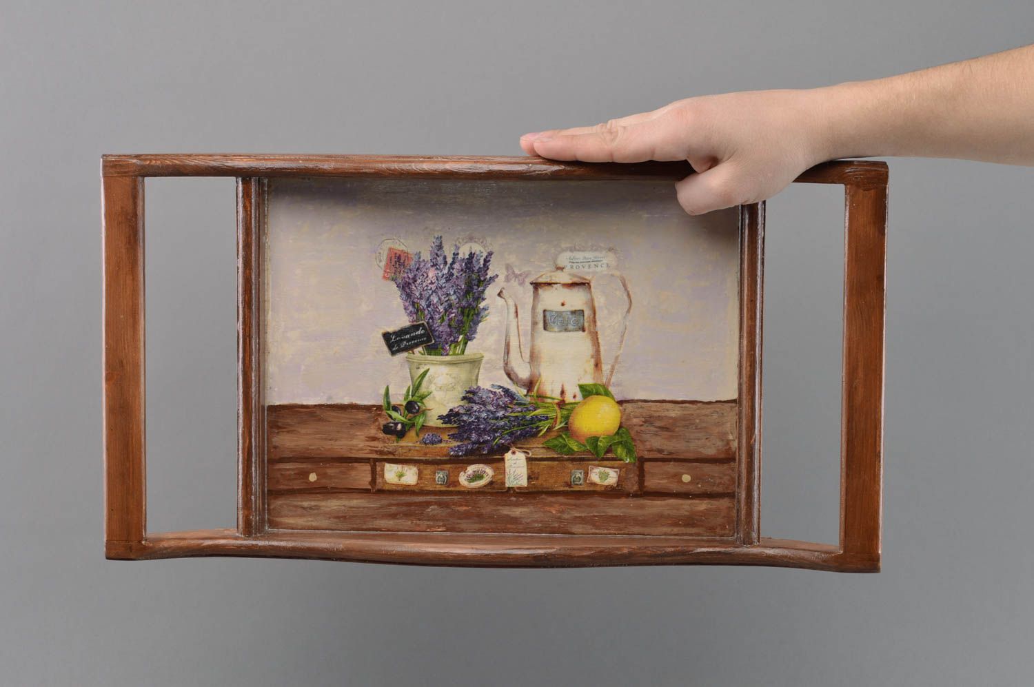 Handgemachtes schönes originelles Designer Deko Decoupage Tablett aus Holz foto 4