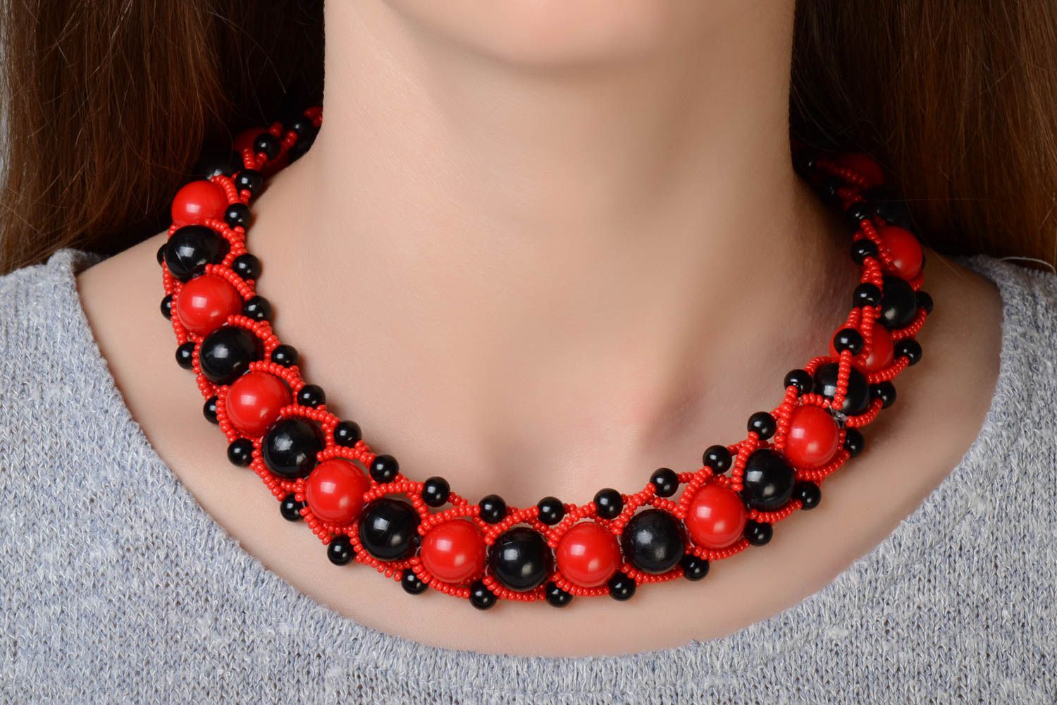 Stylish large handmade designer beaded necklace of red and black colors photo 1