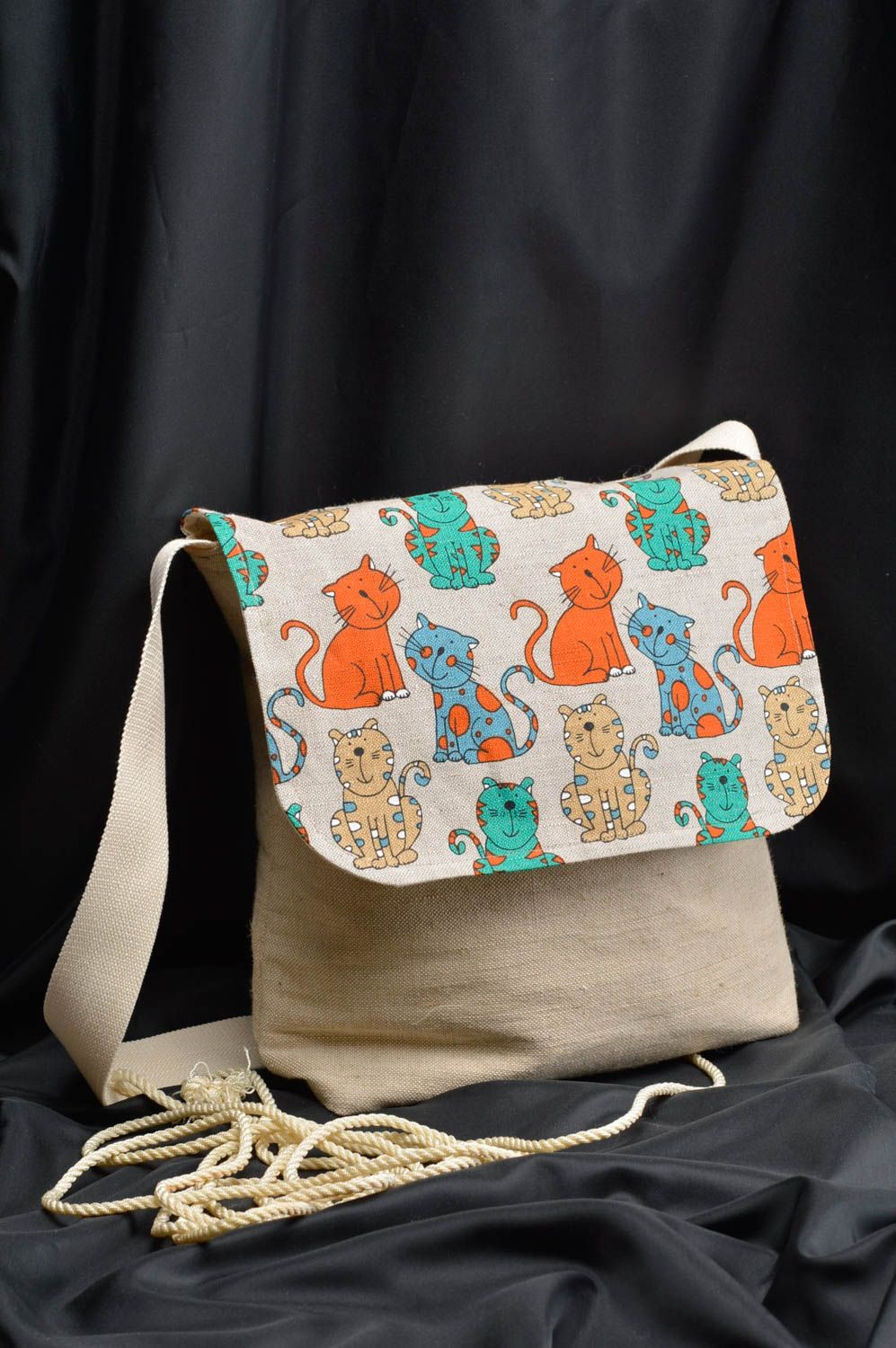 Sac en tissu fait main en lin beige et coton accessoire avec pochette intérieure photo 1