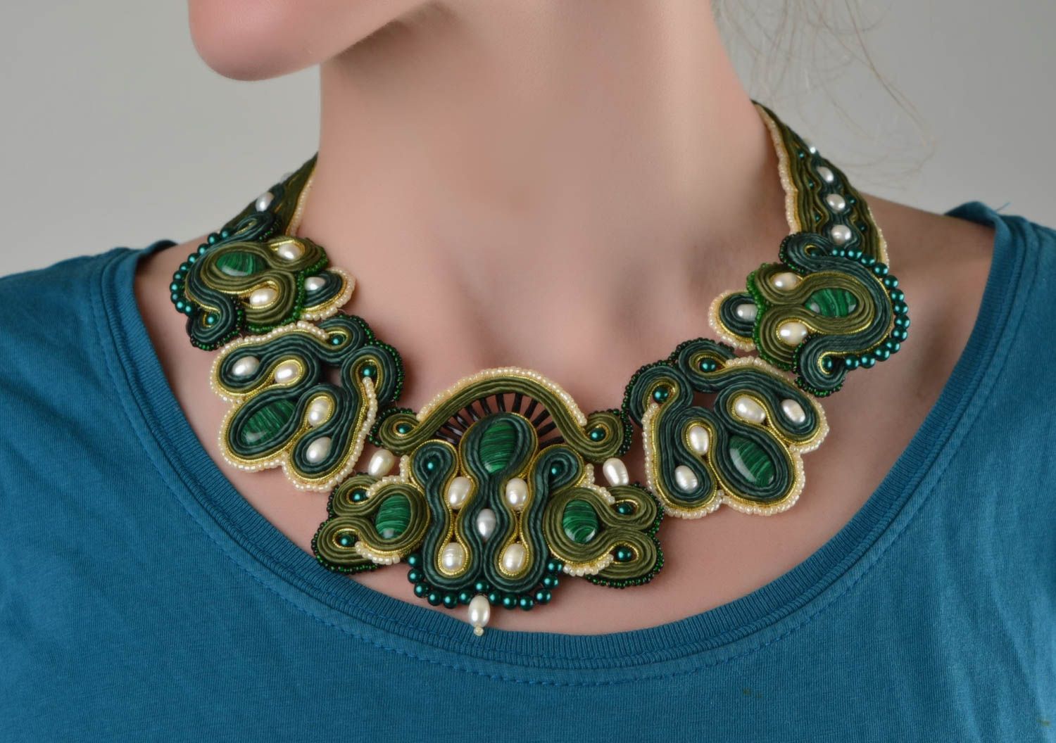 Handmade designer massive soutache necklace with natural stones and pearls photo 1