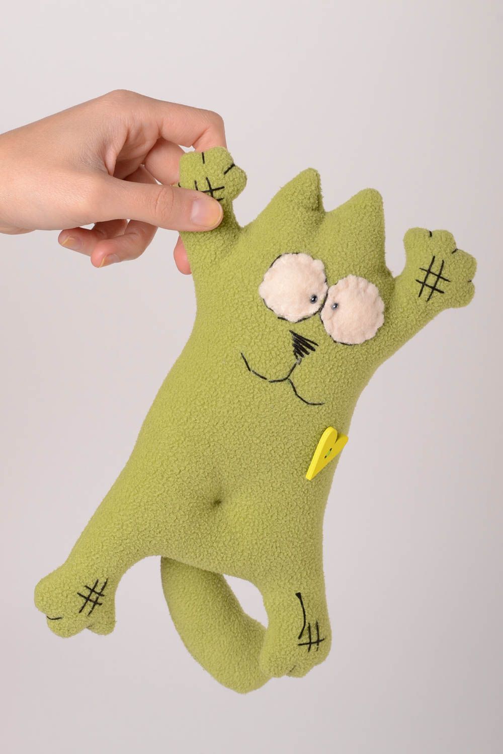 Handmade designer bright toy unusual green textile cat stylish funny toy photo 2