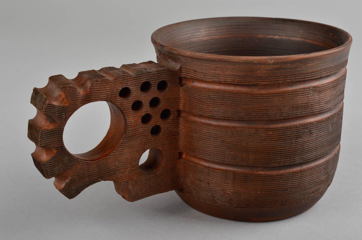 Art clay cup in brown color with cogwheels' shape handle photo 2