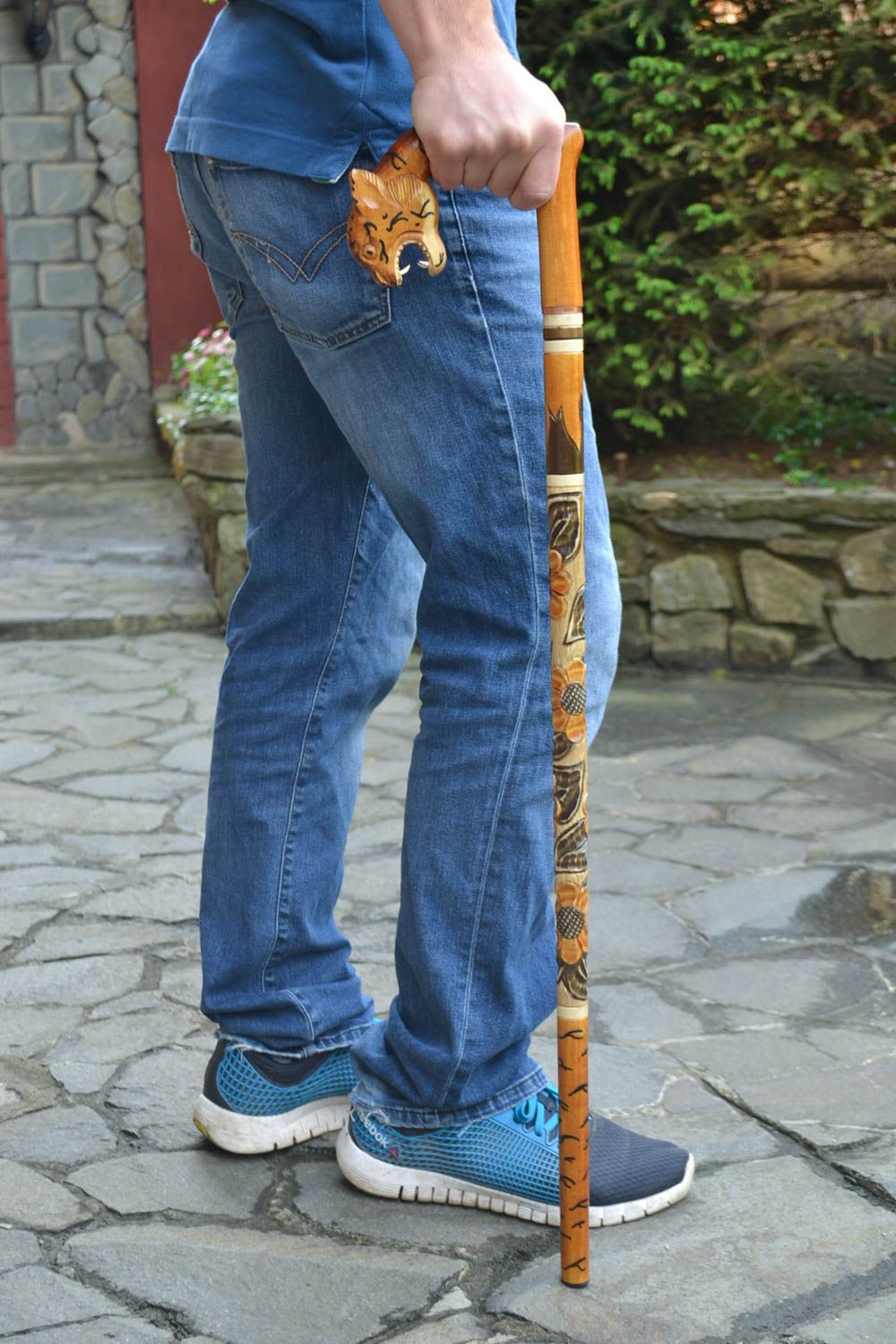 Handmade stylish wooden walking stick with art carving and tiger head handle  photo 1