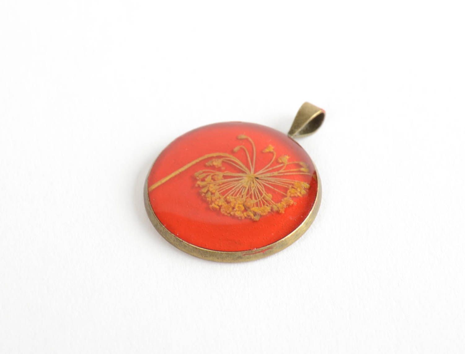 Festive red handmade designer pendant necklace with real flowers and epoxy photo 5