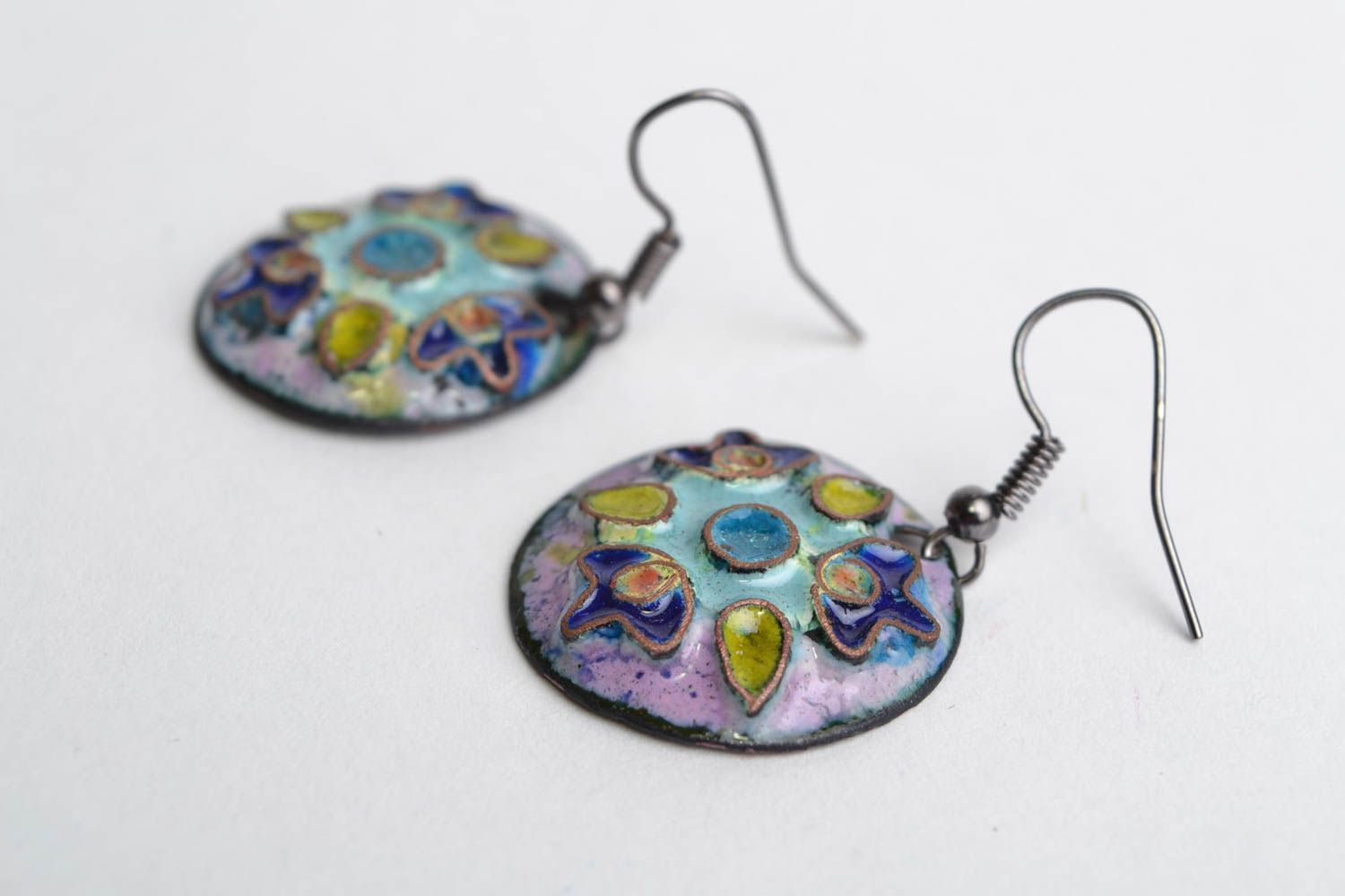 Handmade round shaped enameled copper dangling earrings in blue color palette photo 3