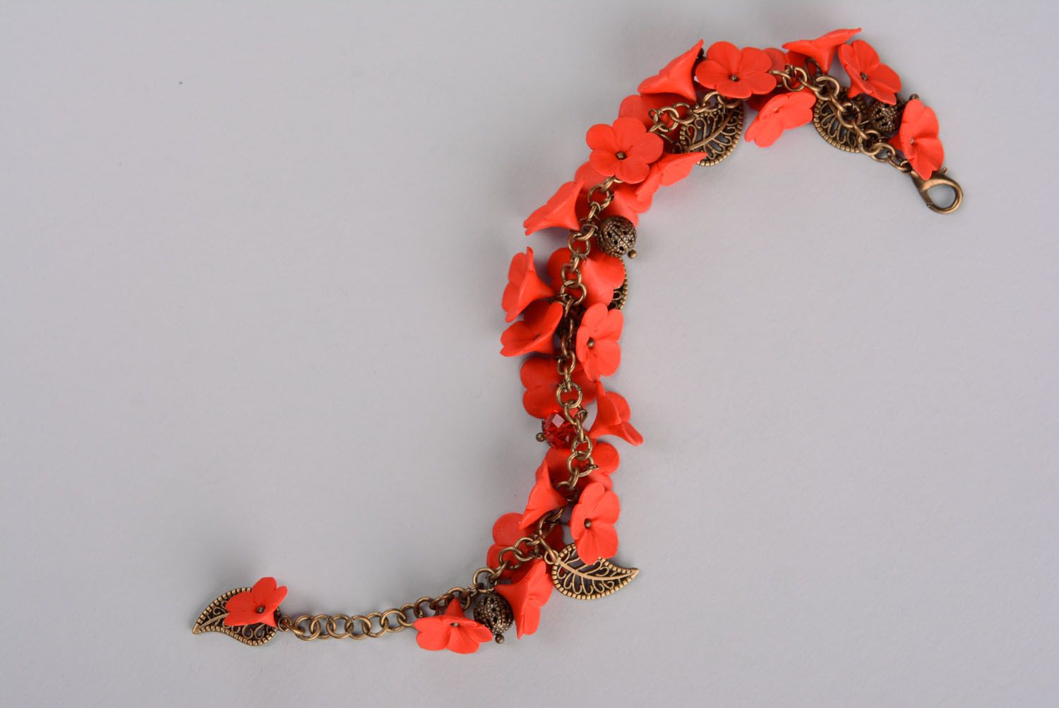 Handmade polymer clay bracelet Red Flowers photo 1