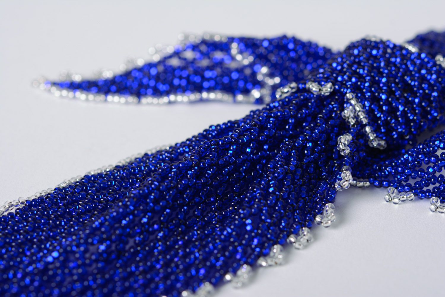 Unusual festive blue woven beaded necklace in the shape of tie photo 4