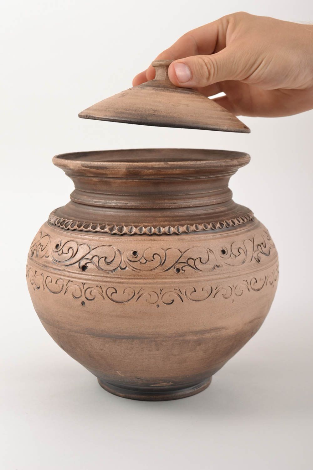 Pote de cerámica para cocer al horno hecho a mano con ornamento 5 litros foto 4
