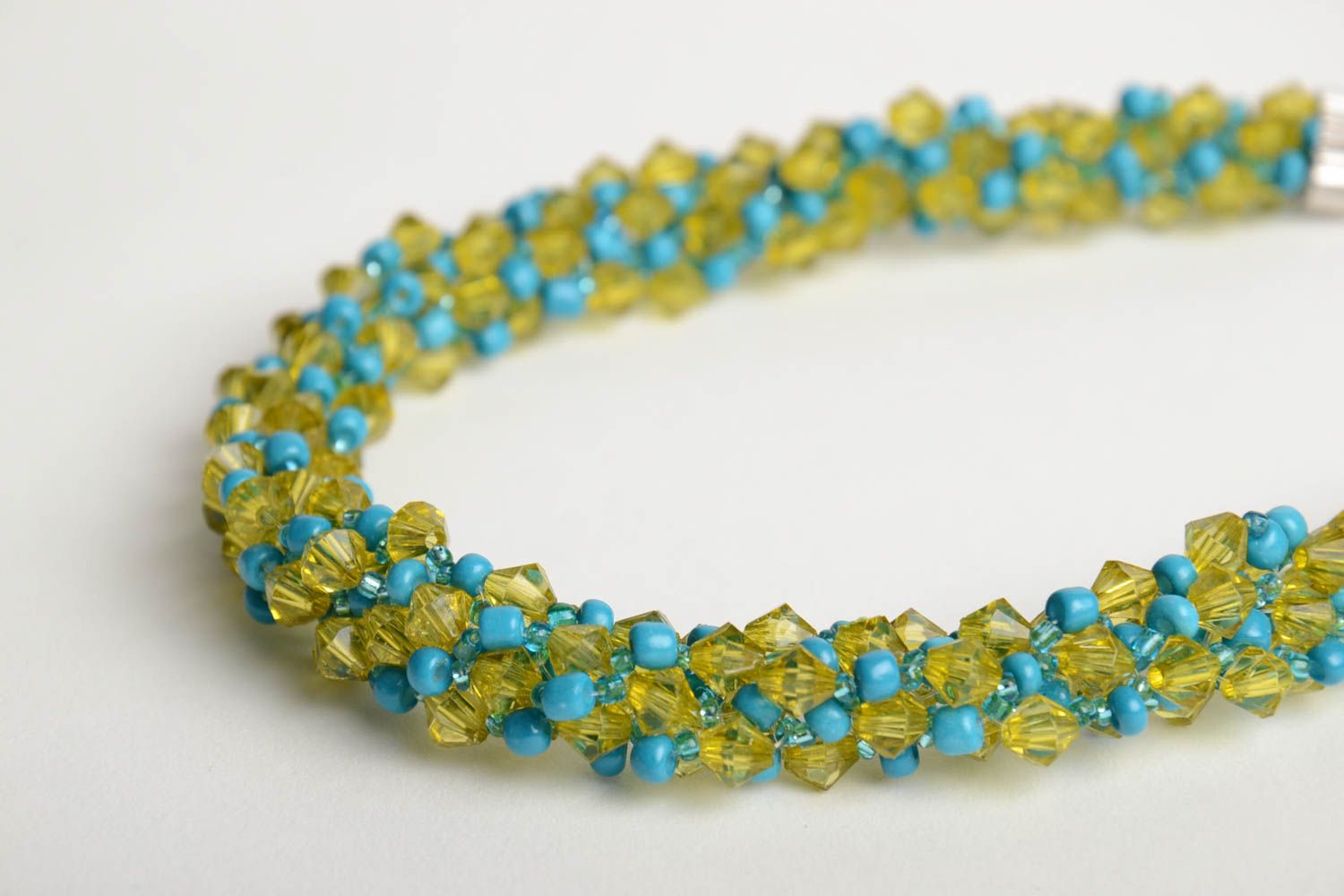 Handmade thin necklace crocheted of Czech beads in blue and yellow colors photo 5