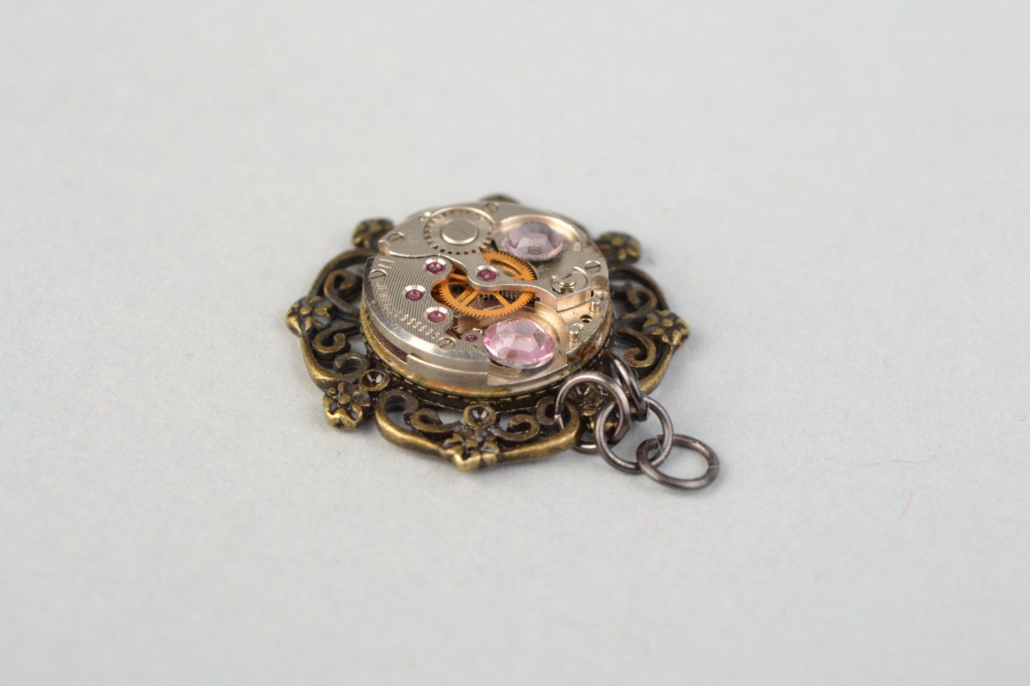 Small handmade metal pendant in vintage style with rhinestones for women photo 4