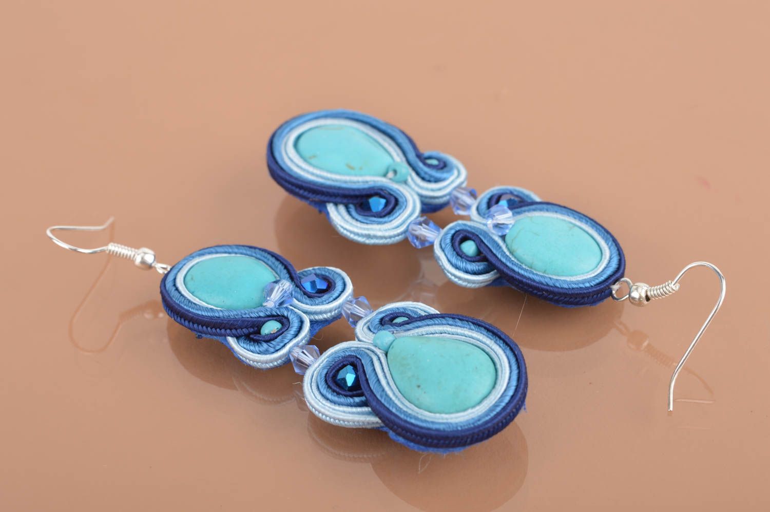 Beautiful handmade stylish designer long textile soutache earrings with beads photo 5