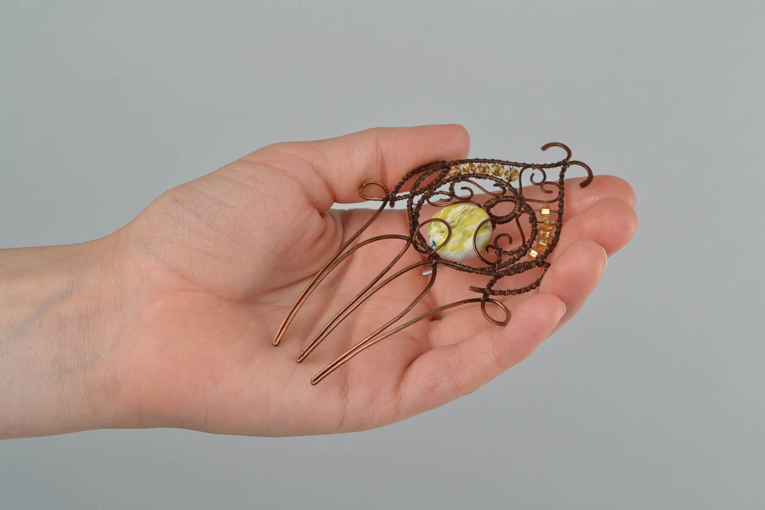 Schöner Haarkamm aus Kupfer Wire Wrap Technik mit Polymerton handmade foto 2