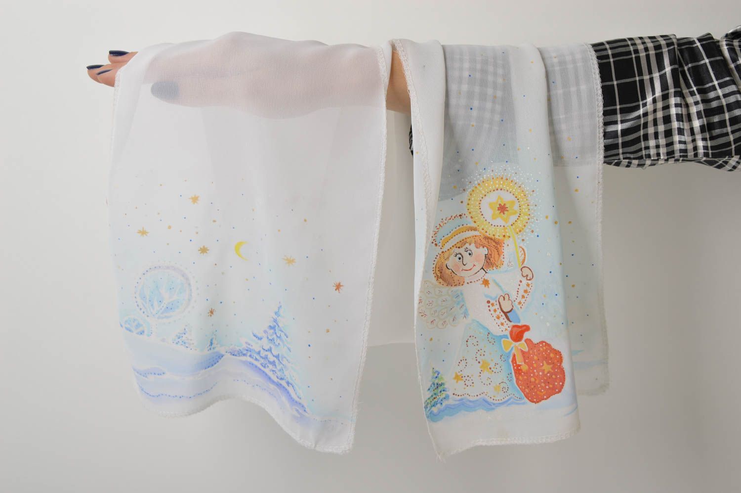 Шарф ручной работы женский шарф легкий шифоновый шарф белый с ангелочками фото 1