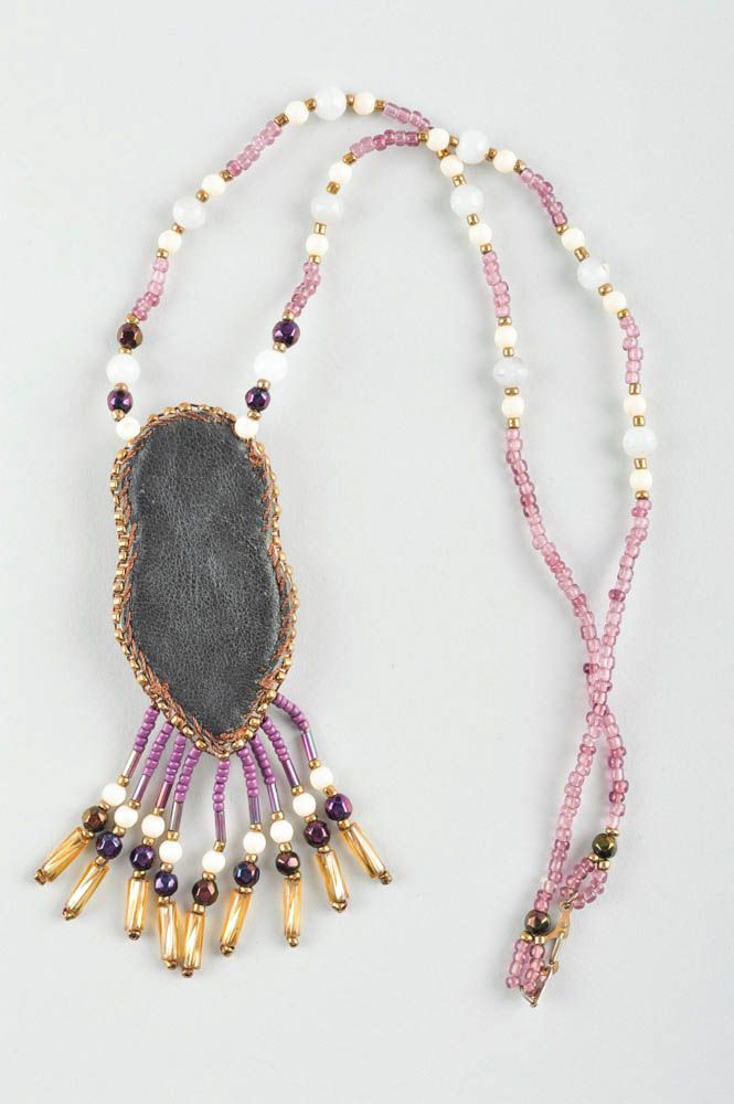 Collier perles rocaille Bijou fait main cuir pierre naturelle Accessoire femme photo 5