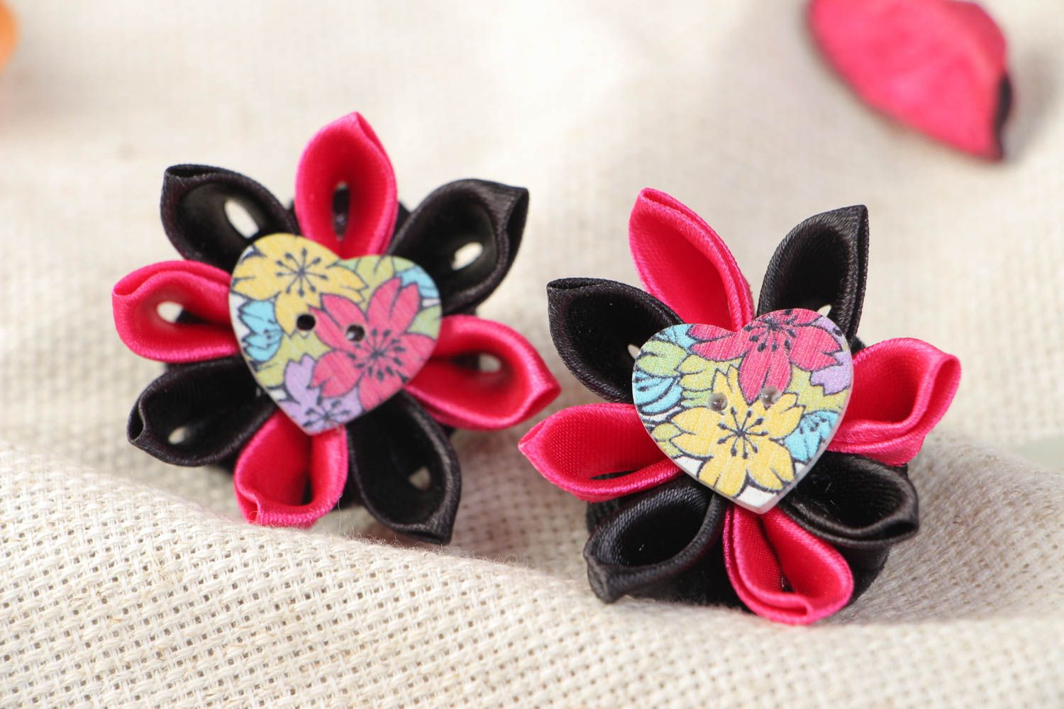 Set of handmade satin ribbon flower scrunchies with hearts 2 pieces photo 1