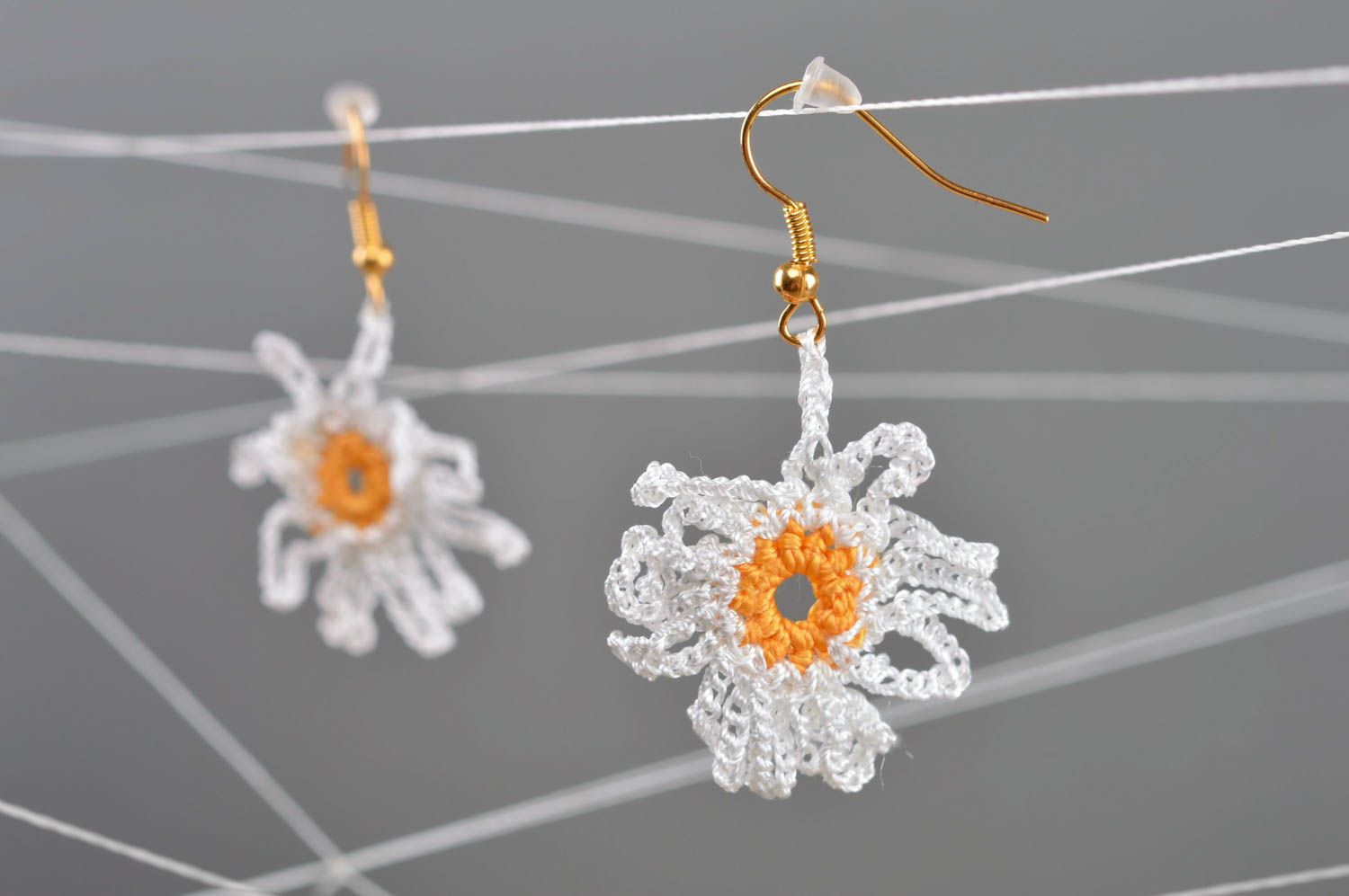 White textile earrings in the form of daisies beautiful handmade accessory photo 1