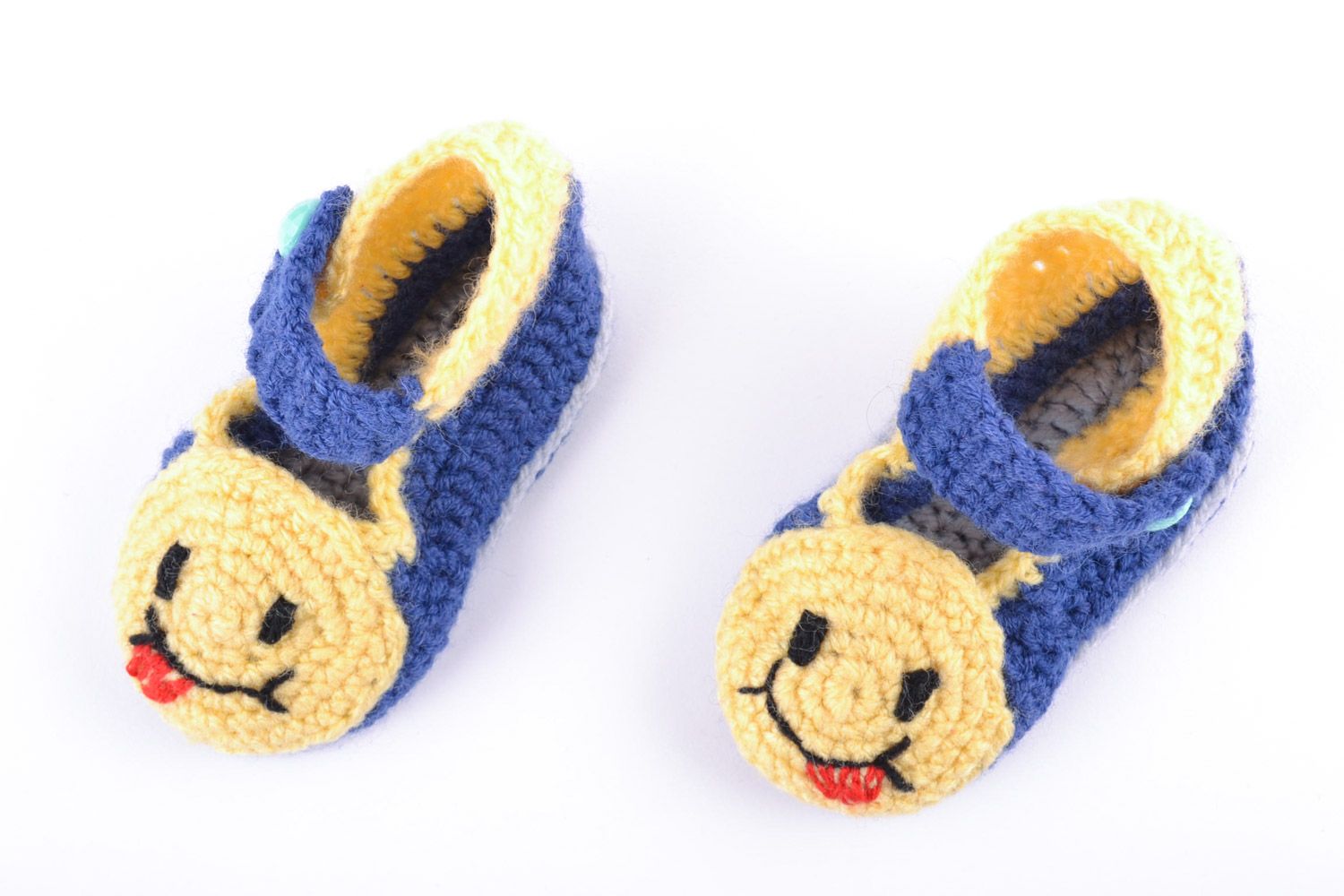 Синие вязаные туфельки из хлопка и шерсти крючком ручной работы смешные и теплые фото 4