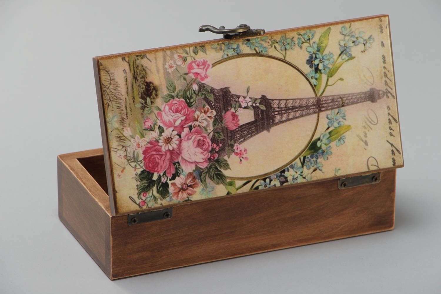 Handmade rectangular varnished wooden jewelry box with retro print on a lid photo 2