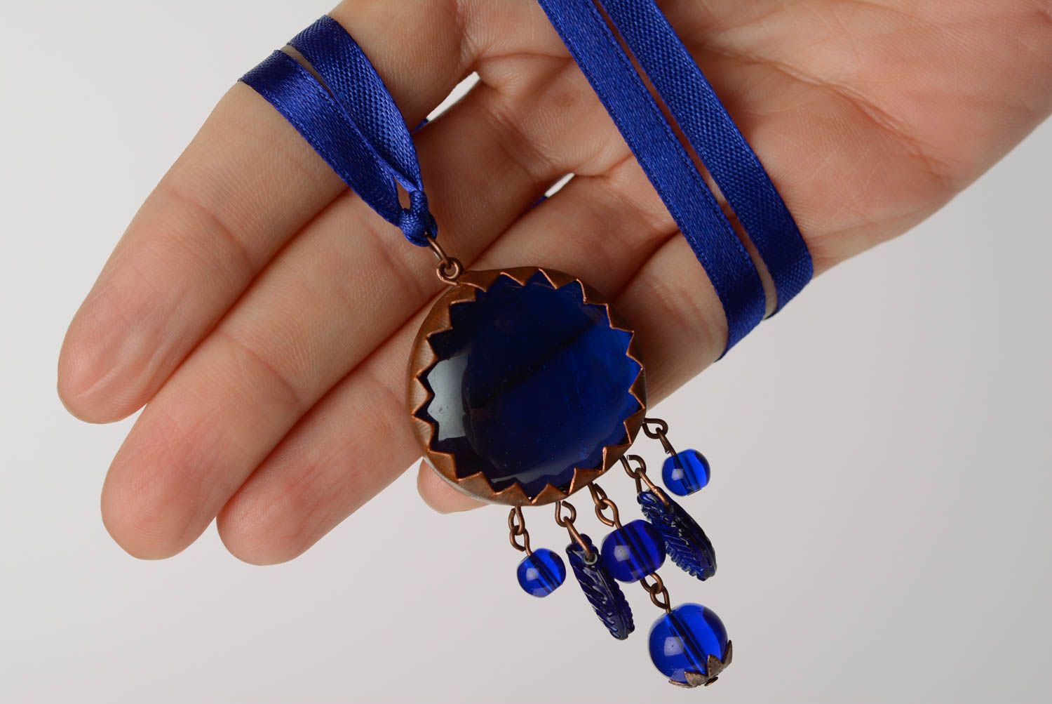 Beautiful handmade blue glass and metal pendant with satin ribbon photo 4