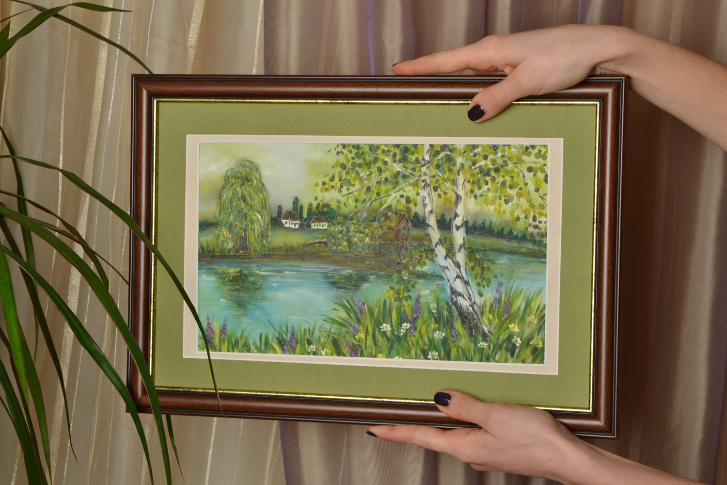 Acrylic painting on chiffon canvas Birch near the Lake photo 2