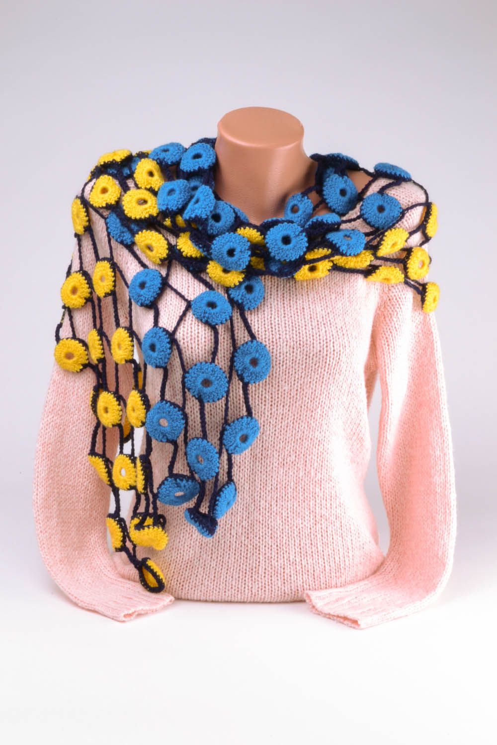 Blue and yellow crochet scarf photo 2