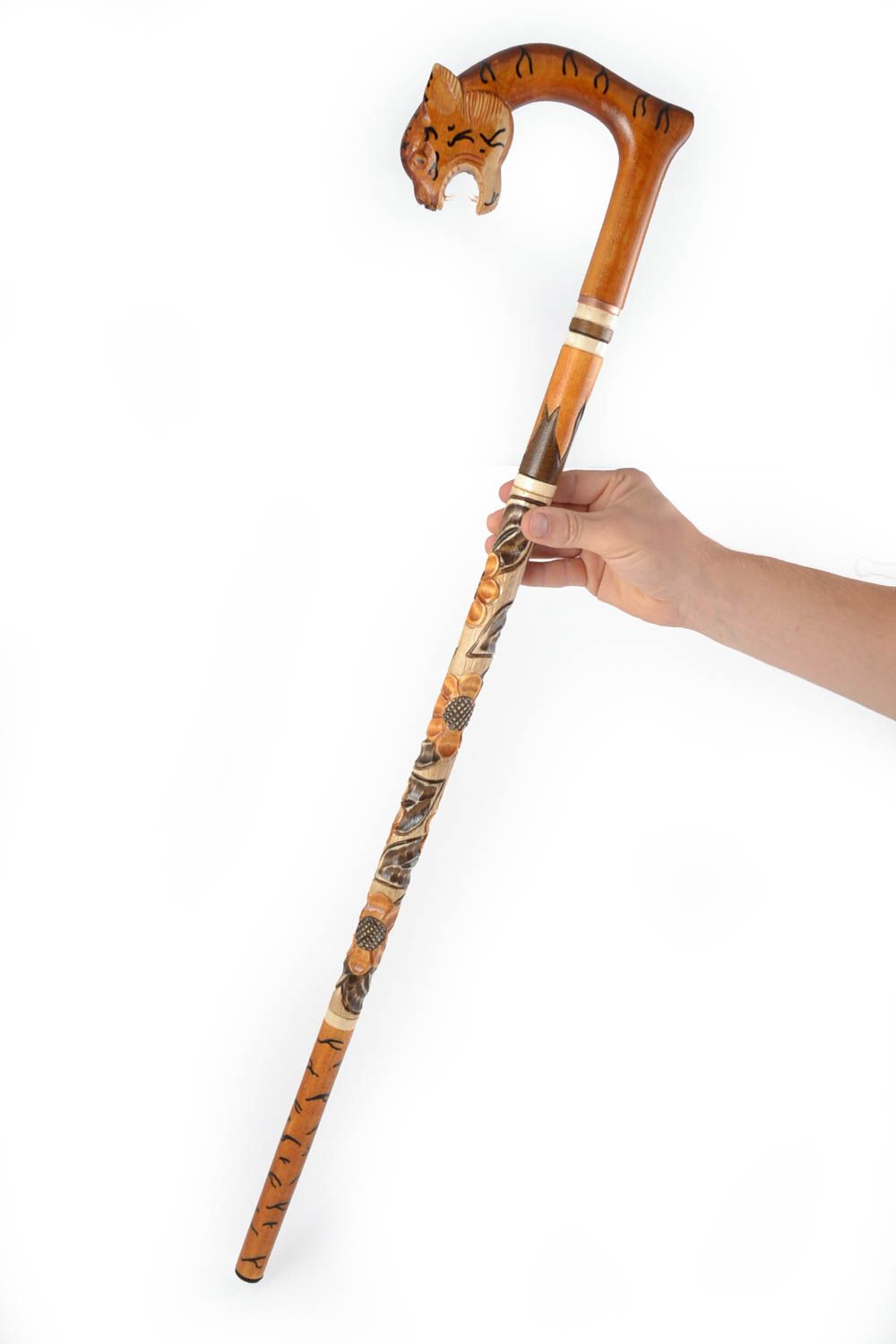 Handmade stylish wooden walking stick with art carving and tiger head handle  photo 5