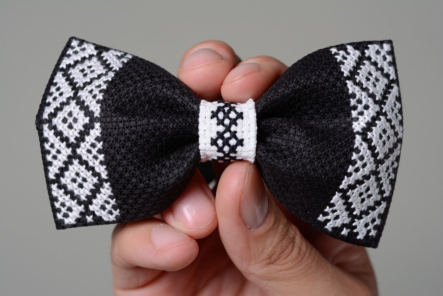 Handmade ethnic bow tie with cross stitch embroidery in black and white colors photo 4