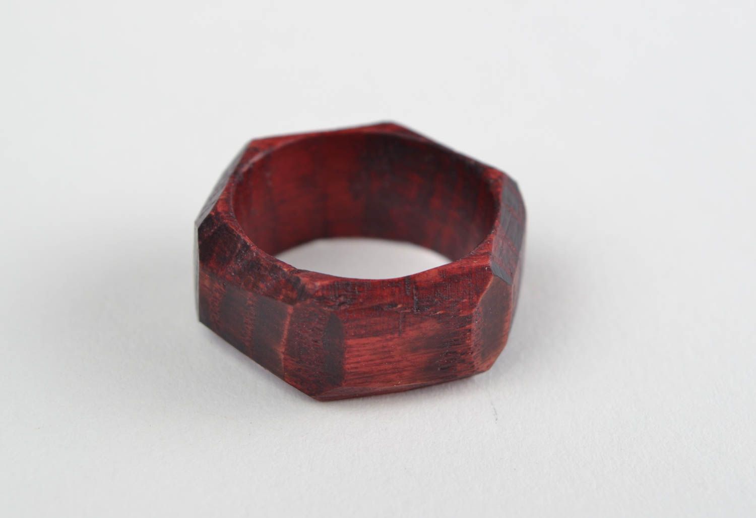 Handmade laconic designer jewelry ring carved of natural oak wood of red color photo 3
