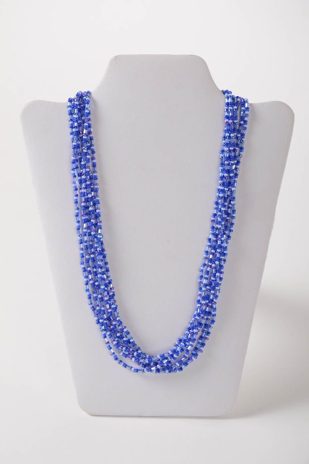 Handmade long beaded necklace blue beautiful jewelry evening accessories photo 2