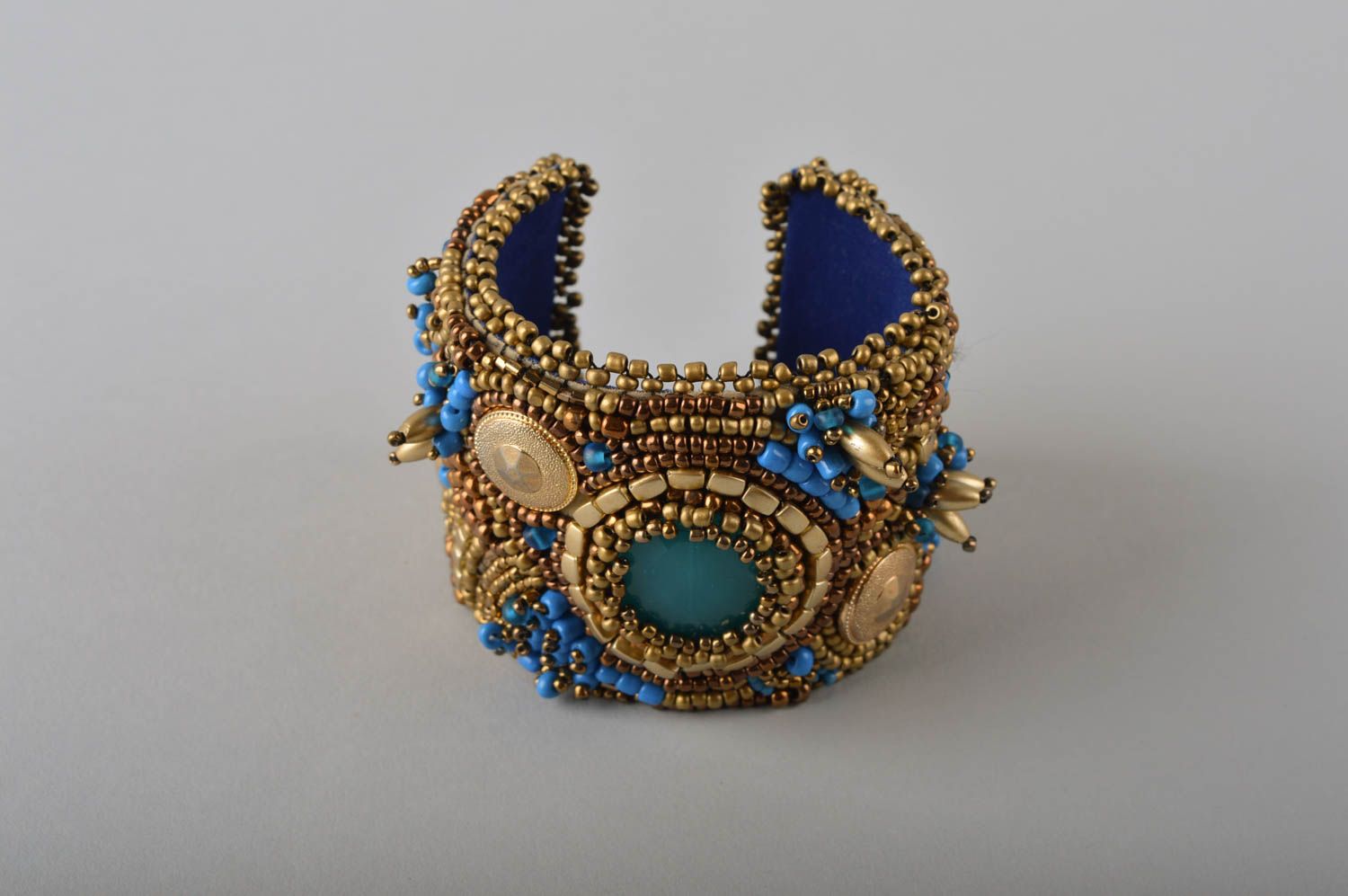 Cuff wide women bracelet decorated with golden beads photo 2
