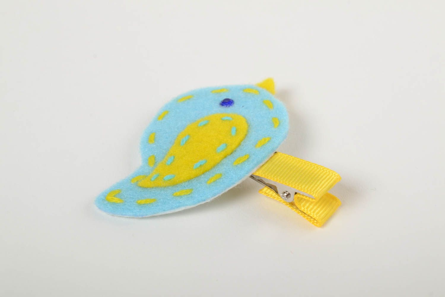 Handmade hairpin blue with yellow made of rep ribbon and fleece Bird photo 4