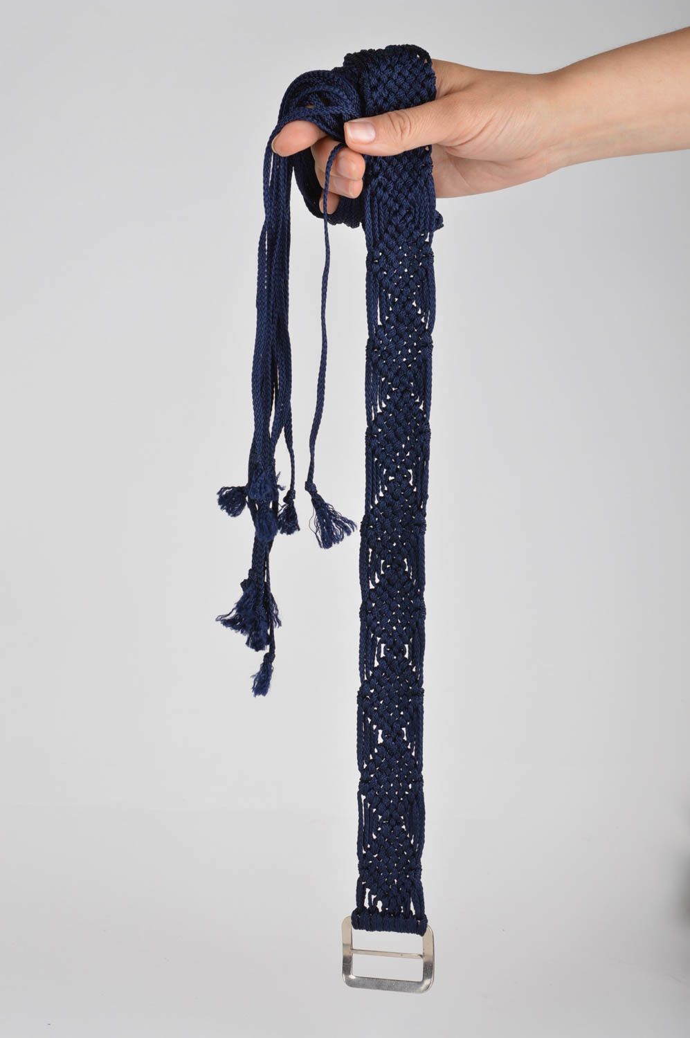 Stylish handmade designer women's blue woven cord belt with metal buckle photo 2