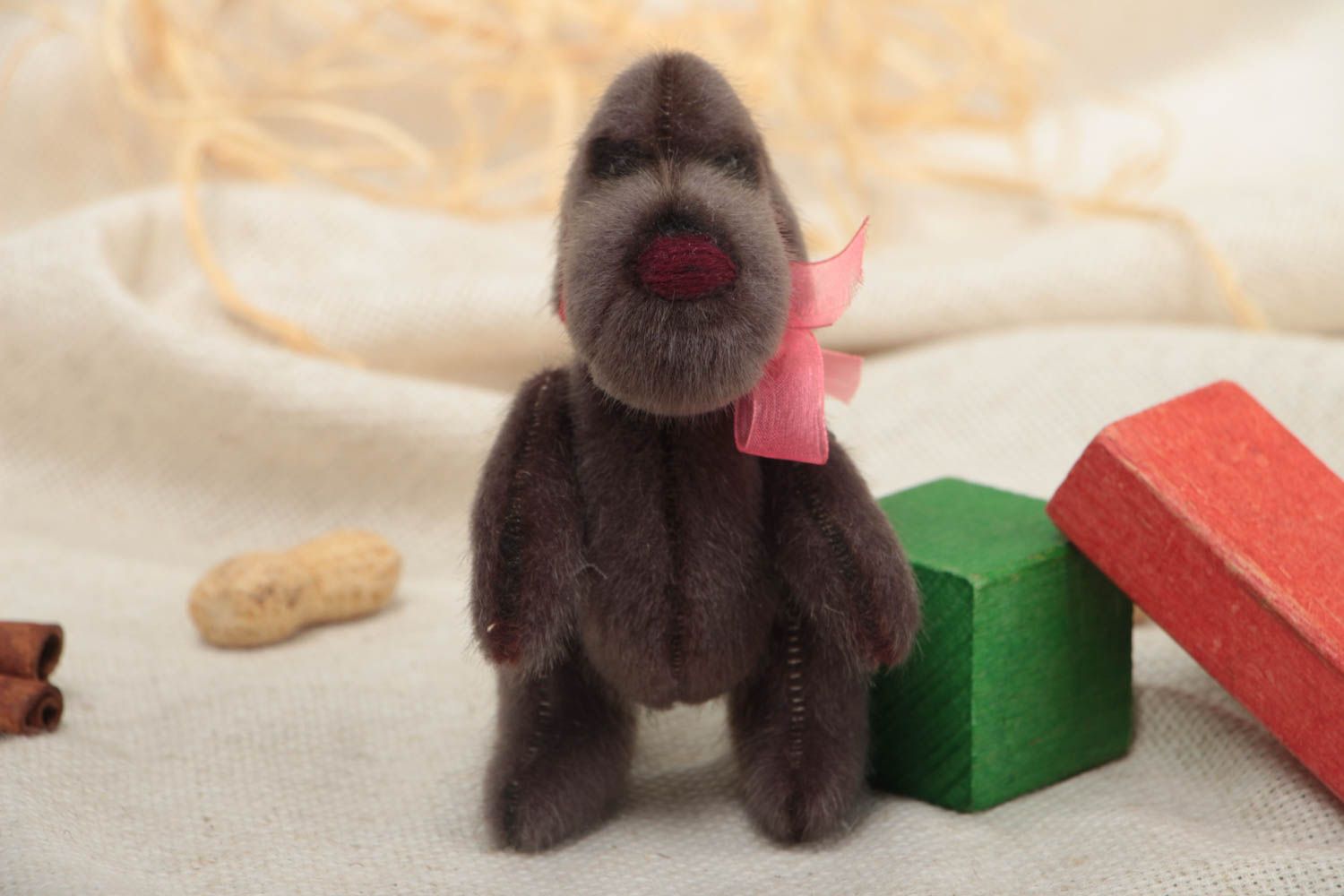 Handmade gray beautiful little soft toy dog made of artificial fur present for baby photo 1