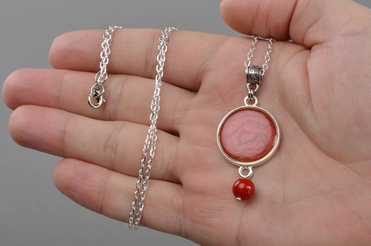 Handmade designer round dark red decoupage pendant necklace on metal chain photo 4