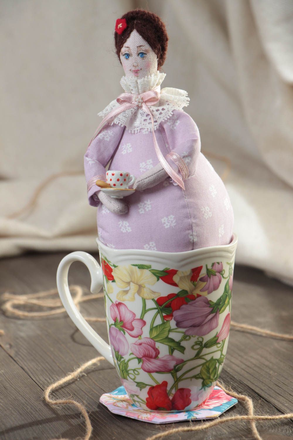 Handmade cotton and linen fabric soft doll Tea Fairy in lilac dress with cup photo 1