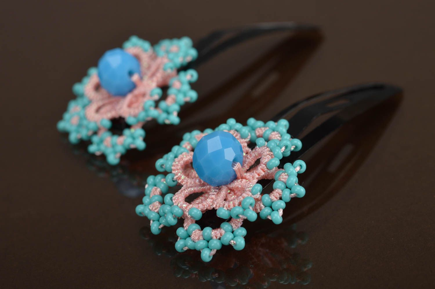 Handmade blue hair clips made of satin threads using tatting technique 2 pieces photo 2